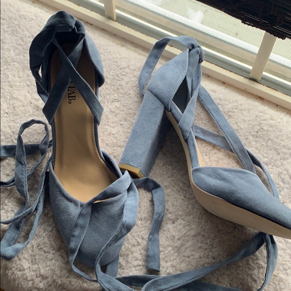 Baby blue high heel wrap around shoes